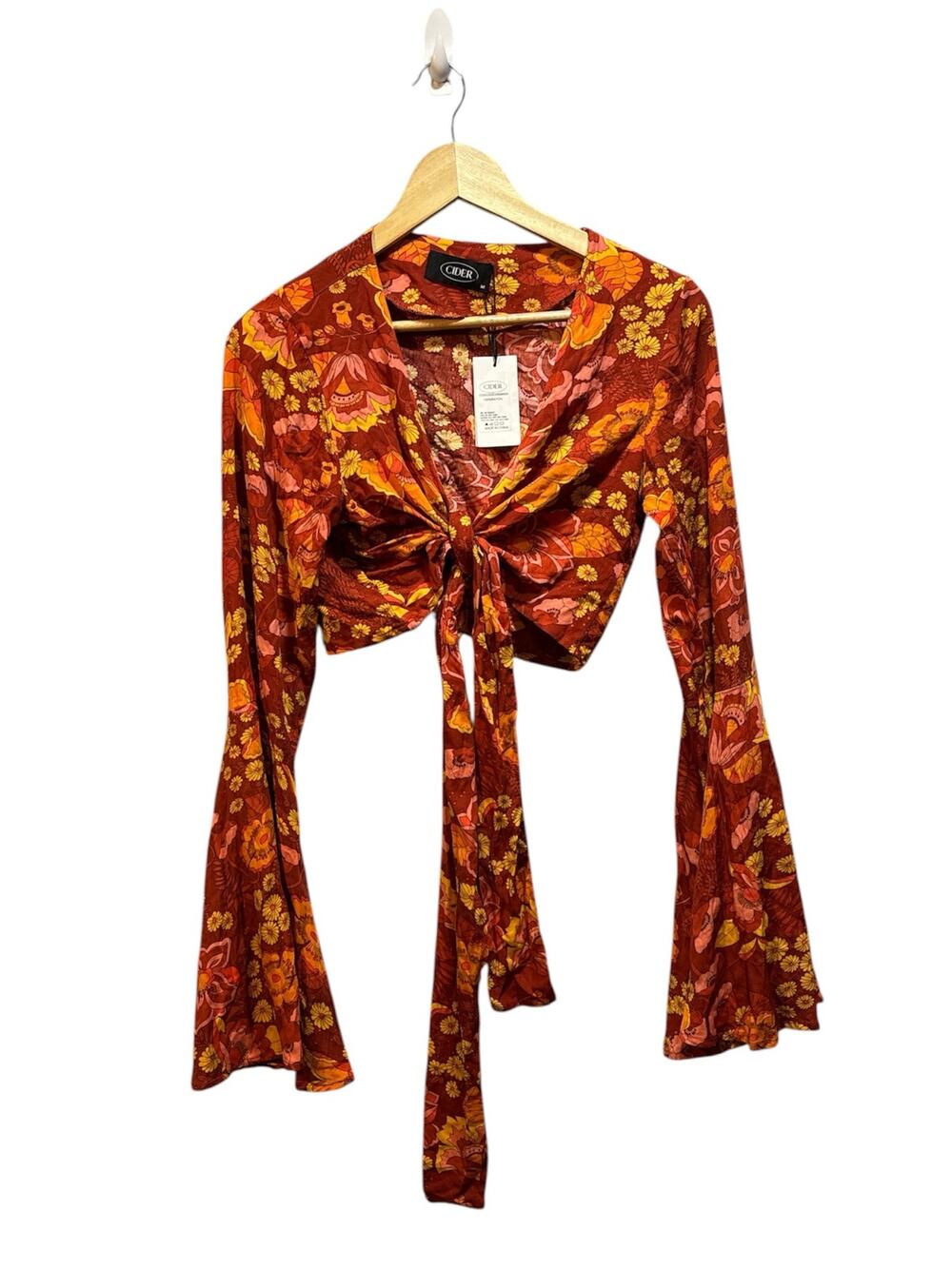 Cider retro boho floral tie front crop top with bell sleeves women’s M, 70’s - Picture 1 of 8